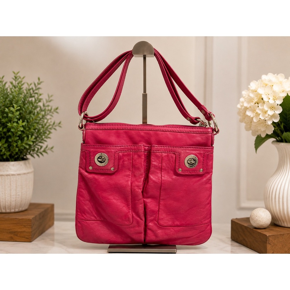 Marc by Marc Jacobs Pink Leather‎ Crossbody Bag Turn Lock Pockets Fuchsia